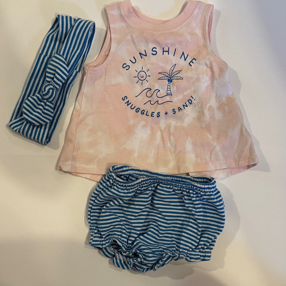 Pink and Blue Baby Outfit with Headband